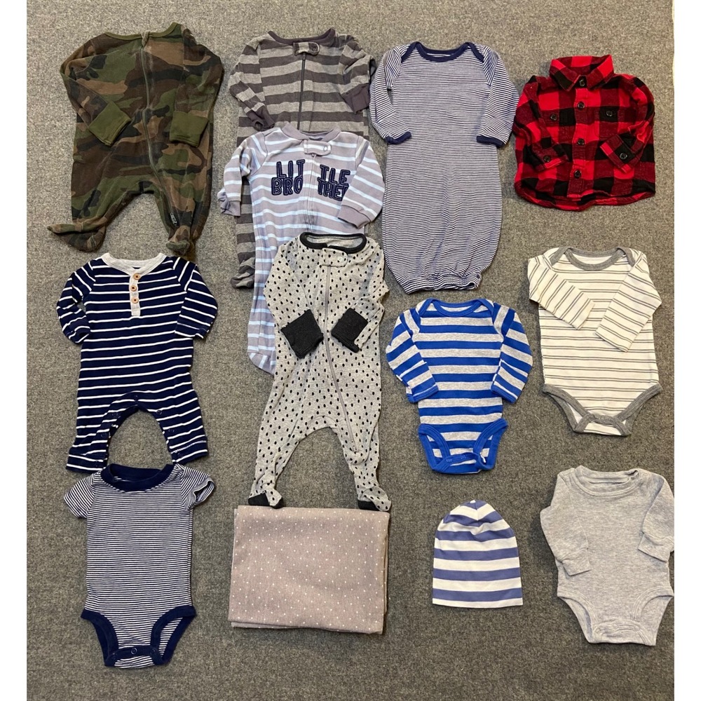 Carters Gerber Baby Boy Clothes Lot NB 0-3M Blue Gray Camo Flannel 13pc Bundle